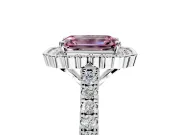 Milgrain Floral Halo Engagement Ring Setting for Fancy Pink Emerald Cut Center with Pave Band and Prong Head in Platinum