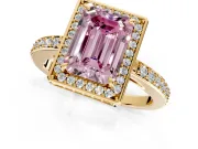Halo Engagement Ring Setting for Fancy Pink Emerald Cut Center with Metal-Rimmed Halo, Pave Band and Prong Head in Yellow Gold