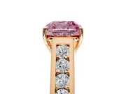Solitaire Engagement Ring Setting for Fancy Pink Cushion Cut Center with Round Cut Channel Band and Prong Head in Rose Gold
