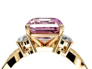 3 Stone Engagement Ring Setting for Fancy Pink Asscher Cut Center with Pave Twist Band and Prong Head in Yellow Gold
