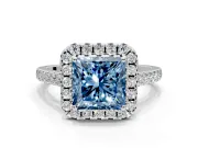 Halo Engagement Ring Setting for Fancy Blue Princess Cut Center with Narrowing Pave Band and Prong Head in Sterling Silver