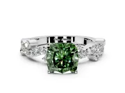 Solitaire Engagement Ring Setting for Fancy Green Cushion Cut Center with Bar-Station Pave Twist and Prong Head in Sterling Silver