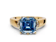 Solitaire Engagement Ring Setting for Fancy Blue Asscher Cut Center with Wide Band, Pave Collar and Prong Head in Yellow Gold