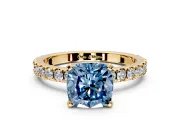 Solitaire Engagement Ring Setting for Fancy Blue Cushion Cut Center with Fine Pave Band and Claw Prong Head in Yellow Gold