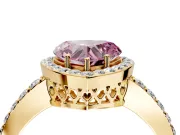 Halo Engagement Ring Setting for Fancy Pink Heart-Shaped Center with Heart-Shaped Openwork, Pave Band and Prong Head in Yellow Gold