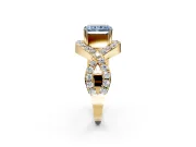 Halo Engagement Ring Setting for Fancy Blue Radiant Cut Center with Pave Infinity Twist Band and Prong Head in Yellow Gold