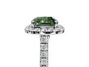 Halo Engagement Ring Setting for Fancy Green Cushion Cut Center with Narrowing Pave Band and Prong Head in Platinum