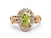 Halo Engagement Ring Setting for Fancy Yellow Pear-Shaped Center with Open Scroll Shoulders and Prong Head in Rose Gold