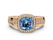 Halo Engagement Ring Setting for Fancy Blue Cushion Cut Center with Wide Band, Inlaid Accent Row and Prong Head in Rose Gold