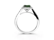 Halo Engagement Ring Setting for Fancy Green Asscher Cut Center with Narrowing Pave Band and Prong Head in Platinum