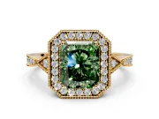 Halo Engagement Ring Setting for Fancy Green Radiant Cut Center with Milgrain Rim, Pave Band and Prong Head in Yellow Gold