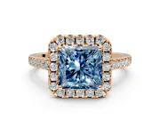Halo Engagement Ring Setting for Fancy Blue Princess Cut Center with Raised Halo, Pave Band and Prong Head in Rose Gold