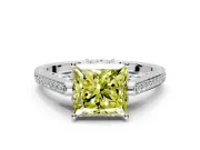 Cathedral Engagement Ring Setting for Fancy Yellow Princess Cut Center with Antique-Style Pave Band and Prong Head in White Gold