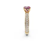 Solitaire Engagement Ring Setting for Fancy Pink Cushion Cut Center with Domed Multi-Row Pave Band and Prong Head in Yellow Gold