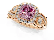 Milgrain Halo Engagement Ring Setting for Fancy Pink Cushion Cut Center with Shoulder Bezels and Prong Head in Rose Gold