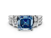 Solitaire Engagement Ring Setting for Fancy Blue Asscher Cut Center with Grooved Bar Accent Band and Prong Head in Platinum