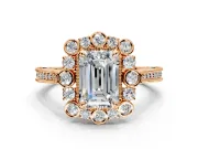 Milgrain Halo Engagement Ring Setting for Emerald Cut Center with Bezel Point Accents and Prong Head in Rose Gold