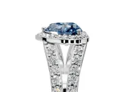 Halo Engagement Ring Setting for Fancy Blue Heart-Shaped Center with Narrow Pave Split Shank and Prong Head in Platinum