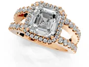 Halo Engagement Ring Setting for Asscher Cut Center with Wide-Open Pave Split Shank and Prong Head in Rose Gold