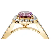 Halo Engagement Ring Setting for Fancy Pink Emerald Cut Center with Narrowing Pave Band and Prong Head in Yellow Gold