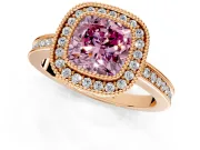 Halo Engagement Ring Setting for Fancy Pink Cushion Cut Center with Milgrain Halo, Pave Band and Prong Head in Rose Gold