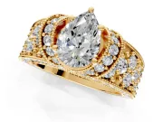 Pave Engagement Ring Setting for Pear-Shaped Center with Curved Accent Rows, Openwork and Prong Head in Yellow Gold