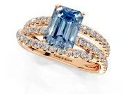 Solitaire Engagement Ring Setting for Fancy Blue Emerald Cut Center with Woven 3-Strand Pave Band and Prong Head in Rose Gold