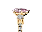 3 Stone Engagement Ring Setting for Fancy Pink Pear-Shaped Center with Round Cut Side Accents and Prong Head in Yellow Gold
