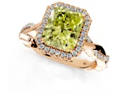 Halo Engagement Ring Setting for Fancy Yellow Radiant Cut Center with Pave and Plain Twist Band and Prong Head in Rose Gold