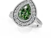 Halo Engagement Ring Setting for Fancy Green Pear-Shaped Center with Milgrain Frame, Pave Band and Prong Head in Sterling Silver