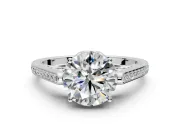 Cathedral Engagement Ring Setting for Round Cut Center with Antique-Style Pave Band and Prong Head in White Gold