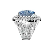 Double Halo Engagement Ring Setting for Fancy Blue Radiant Cut Center with Narrow Pave Split Shank and Prong Head in Platinum
