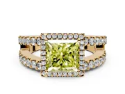 Halo Engagement Ring Setting for Fancy Yellow Princess Cut Center with Wide-Open Pave Split Shank and Prong Head in Yellow Gold