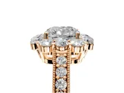 Halo Engagement Ring Setting for Cushion Cut Center with Milgrain Channel Band and Prong Head in Rose Gold