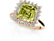 Starburst Halo Engagement Ring Setting for Fancy Yellow Asscher Cut Center with Thin Round-Wire Band and Prong Head in Rose Gold