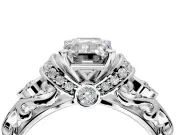 Solitaire Engagement Ring Setting for Emerald Cut Center with Filigree Band and Prong Head in Platinum