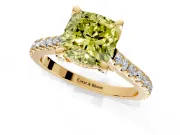 Solitaire Engagement Ring Setting for Fancy Yellow Cushion Cut Center with Widening Pave Band and Claw Prong Head in Yellow Gold