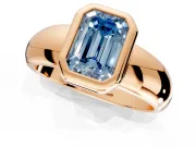 Solitaire Engagement Ring Setting for Fancy Blue Emerald Cut Center with Wide Band and Bezel Head in Rose Gold