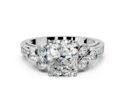 Cluster Engagement Ring Setting for Radiant Cut Center with Bezel Accent Clusters and Prong Head in Sterling Silver