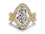 Halo Engagement Ring Setting for Marquise Center with Pave Infinity Twist Band and Prong Head in Yellow Gold