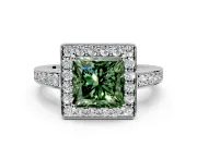 Bezel-Framed Halo Engagement Ring Setting for Fancy Green Princess Cut Center with Pave Band and Prong Head in Platinum