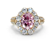 Large Accent Halo Engagement Ring Setting for Fancy Pink Oval Center with Pave Split Shank and Prong Head in Yellow Gold