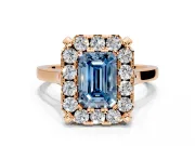 Single Halo Engagement Ring Setting for Fancy Blue Emerald Cut Center with Corner Claws, Plain Band and Prong Head in Rose Gold
