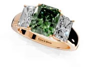 3 Stone Engagement Ring Setting for Fancy Green Radiant Cut Center with Raised Basket Heads and Prong Head in Rose Gold