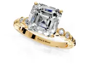 Solitaire Engagement Ring Setting for Asscher Cut Center with Bezel-Dot Beaded Band and Prong Head in Yellow Gold