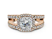 Halo Engagement Ring Setting for Cushion Cut Center with Wide-Open Pave Split Shank and Prong Head in Rose Gold