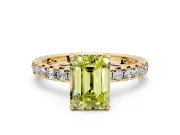 Solitaire Engagement Ring Setting for Fancy Yellow Emerald Cut Center with Shared-Prong Accents and Prong Head in Yellow Gold
