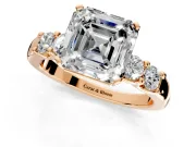 5 Stone Engagement Ring Setting for Asscher Cut Center with Plain Band and Prong Head in Rose Gold