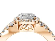Halo Engagement Ring Setting for Cushion Cut Center with Wide-Open Pave Split Shank and Prong Head in Rose Gold