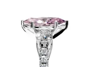 3 Stone Engagement Ring Setting for Fancy Pink Marquise Center with Crossover Basket, Pave Band and Prong Head in Platinum